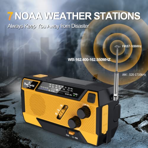 Yesiwtc 7400mWh NOAA Emergency Weather Radio with 3 in 1 Charging Cable Emergency Radio Solar Hand Crank Alert Radio 3 Power Supply Methods with SOS Alarm, Flashlight for Hurricane Emergency