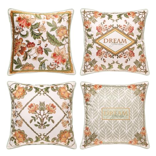 patdrea Designer Pack of 4 Idyllic Throw Pillow Covers 18x18 Inch,Green Vine Velvet with Dreamy Floral Collection Pattern,Decorative Square Pillowcases Cushion for Bed Living Room Outdoor Car