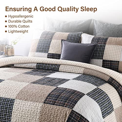 SahSahCasa Queen Size Quilt Set, 100% Cotton Bedding Bedspread, Patchwork Farmhouse Plaid Lightweight Rustic Comforter for All Seasons, Beige