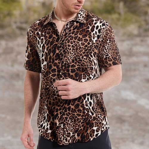 UPAAN Men's Leopard Printed Shirts Disco Short Sleeve Button Down Casual Shirt