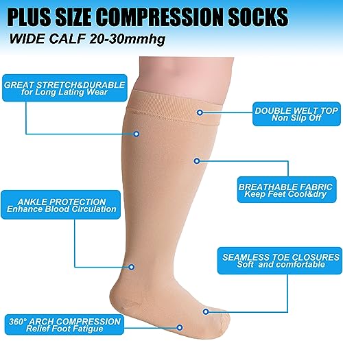 JYUOZI Plus Size Compression Socks for Women Men, Extra Large Wide Calf Compression Socks 20-30 mmHg Compression Socks