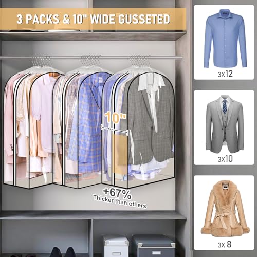 MISSLO 32" All Clear Garment Bags for Hanging Clothes 10" Gusseted Suit Bags for Closet Storage Suit Cover Bags Hanging Clothes Storage Bag for Shirts, Coats, 3 Packs