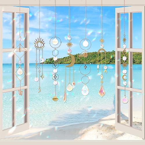 Sun Catchers, 10 Pieces Colorful Crystal Suncatcher with Chain Pendant Ornaments Hanging Crystals Prism Rainbow Maker for Windows Indoor Outdoor Car Mirror Garden Decor Wedding Party Xmas Gift