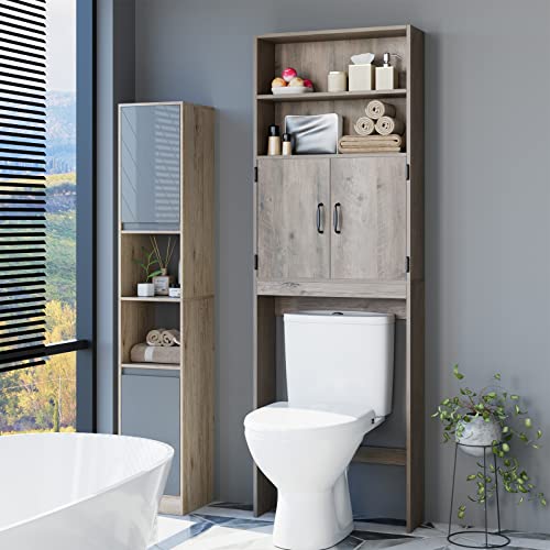 HOSTACK Over The Toilet Storage, Double Door Bathroom Organizer Toilet Cabinet, Freestanding Above Toilet Rack with Open Shelves and Adjustable Bottom Bar, 76.8 in H, White