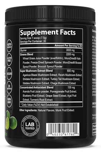 PEScience Greens Powder Superfood with Natural Chlorophyll, Reishi & Turkey Tail Mushroom Powders, Freeze-Dried Kale, Spinach, Broccoli Sprouts, Lime Flavor, 30 Servings