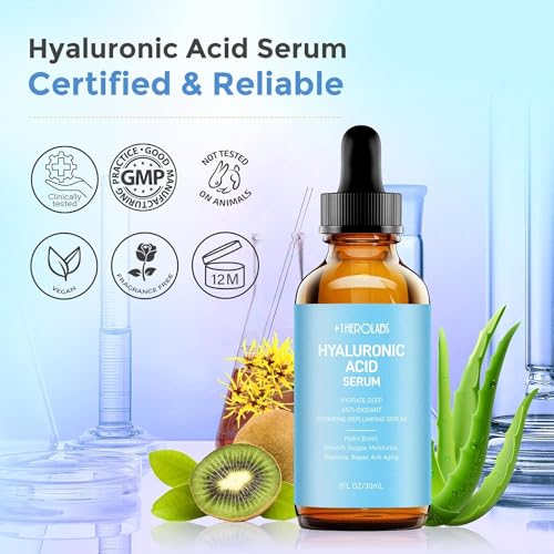 +1HEROLABS Hyaluronic Acid Serum for Face Anti Aging, Fine Lines, Dark Spots, & Dry Skin - Hydrating Facial Serum - Best Face Serum for Moisturizing and Wrinkle Reducing, 2 Packs
