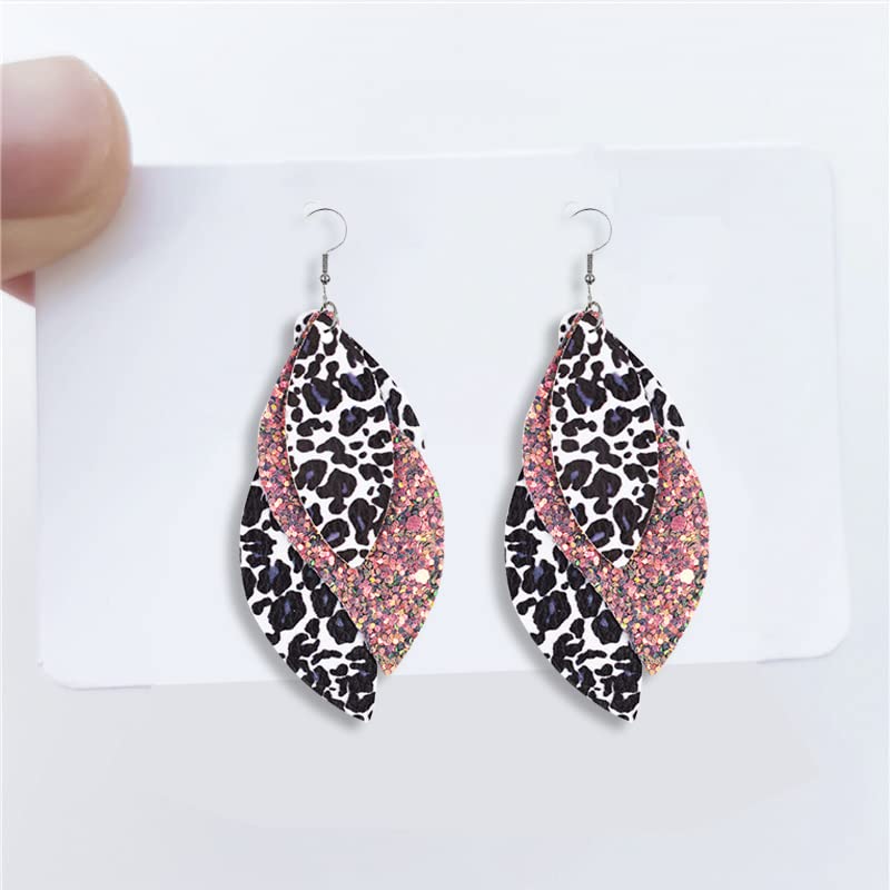 Leaf Leather Earrings for Women Handmade Fringe Feather Lightweight Teardrop Leather Earrings Drop and Dangle Earrings for Women (Black)