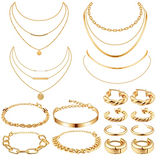 Tiamon 12 Pcs Gold Silver Jewelry Sets for Women Layered Set of Earring Necklace Bracelets for Men Jewelry Gifts(Gentle Style)