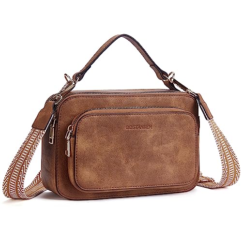 BOSTANTEN Crossbody Bags for Women Trendy Vegan Leather Purses Top Handle Shoulder Handbags with Wide Strap Beige with Brown