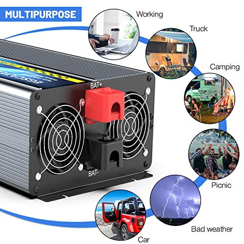 EGSCATEE 2500W Pure Sine Wave Inverter 12V DC to 120V AC Converter for Truck, Home, Vehicles, RV, (Peak) 5000W Solar Inverter with Dual 5V/3.4A USB, 4AC Outlets Remote Controller