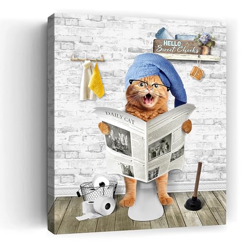Funny Bathroom Decor Wall Art Cute Cat Sitting on the Toilet Reading Newspaper Bathroom Pictures Wall Decor Humor Animals Bathroom Canvas Prints Framed Artwork for Bathroom Bedroom Decor 12"x16"