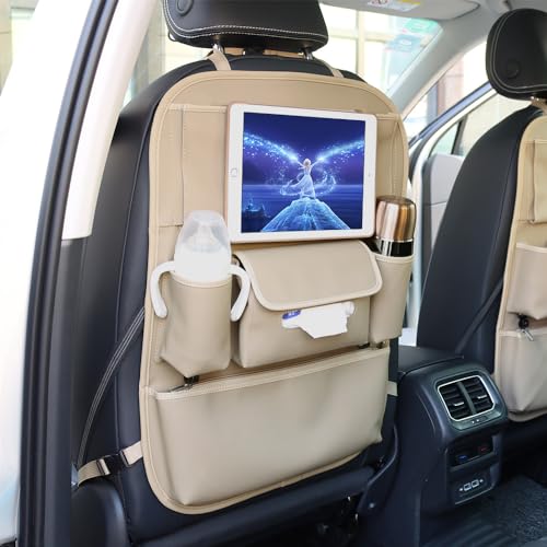Viaviat Car Seat Organizers Waterproof Backseat Protector with Storage Pocket Large Leather Kick Mats for Kids Pets Automobile SUV Truck (Beige, Large Pocket)