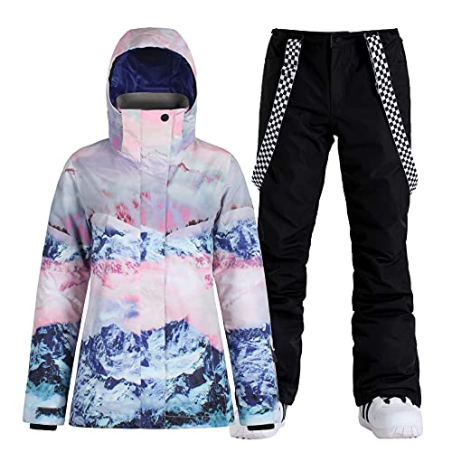 GSOU SNOW Women's Ski Jacket and Pants Waterproof Windproof Snowsuit Snowboarding Snow Coat Insulated Winter Warm,Flower Black S