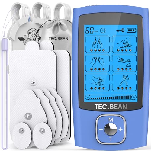 TEC.BEAN 24 Modes Tens Unit Muscle Stimulator, Rechargeable Tens Machine with 8 Electrode Pads (American Gel), Electric Pulse Massager for Pain Relief Therapy(Blue)