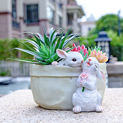 WONDHOME Rabbit Flower Pot Succulent Planter Garden Pots, Bunny Decorative Flower Pot,Animal Shaped Cartoon Planter Pots, Art Decorations for Mom Women (Flower with Drainage Hole)