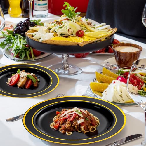 bUCLA 150 Pieces Black and Gold Disposable Dinnerware Set - 25 Guests Black Gold Plastic Plates Include 25 Dinner & 25 Dessert Plates, 25 Spoons, 25 Forks, 25 Knives, 25 Cups for Party