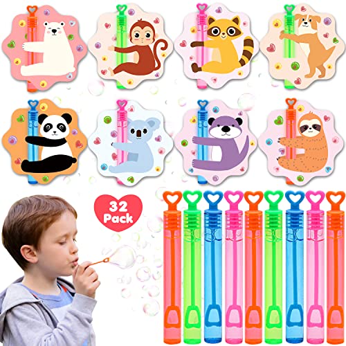 SURCVIO Valentines Day Gifts for Kids, 32 Pack Mini Bubble Wands with Valentines Animal Themes Greeting Cards for Kids, Valentine's Day School Prize Party Favor, Classroom Exchange Gift Set