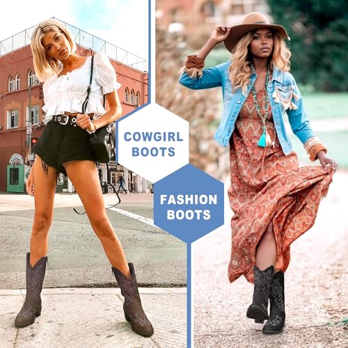 Vepose Women’s Black Cowboy Mid Calf Boots, Cowgirl Western Embroidered Chunky Low Heel 9800 Boots with Zipper, Size 6M US, (CJY9800 Black 06)