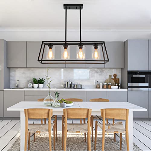 Black Farmhouse Chandeliers for Dining Room, Rustic Kitchen Island Light Fixture, 4-Light Linear Pendant Lights Kitchen Island with Glass Shade ,Apply to Dining Room Light fixtures Over Table