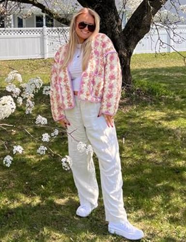 Yimoon Women's Cropped Puffer Quilted Jacket Vintage Floral Print Open Front Lightweight Short Jacket Outwear