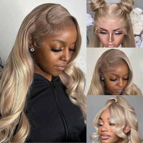 Rina 200% Density Milk Tea Ash Blonde Lace Front Wig Human Hair Upgrades Body Wave Platinum Grey Balayage Lace Front Wig More Full and Thicker 13x4 HD Invisible Frontal Wig for Women 18 Inch