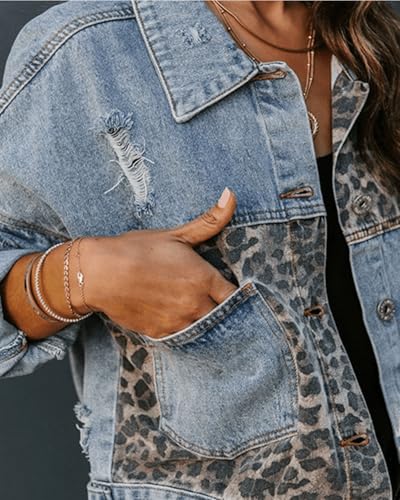 RINTONIX Womens Button Down Distressed Leopard Denim Jean Jacket Washed Long Sleeve Ripped Cheetah Jean Coat(BE-S)