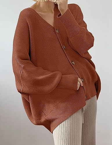 ZESICA Women's 2024 Casual Long Sleeve Cardigan V Neck Button Down Open Front Knit Loose Oversized Sweater Coat,Toffee,Medium