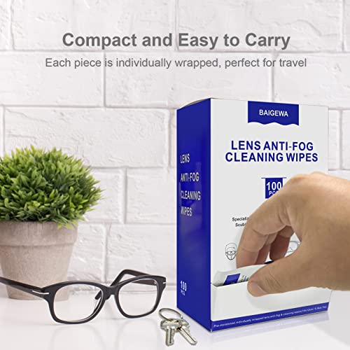 BAIGEWA Lens Wipes for Eyeglasses 100 Count, Quick Dry Scratch Free Individual Wrapped Pre-Moistened Anti Fog Wipes for Glasses, Suitable for All Eyeglasses, Ski Glasses and Swimming Glasses