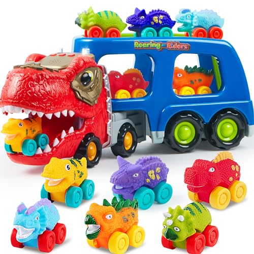 JOYIN Dinosaur Truck Toys for Kids, Kids Toys Boys Age 3 4 5, Dinosaur Car Carrier Truck Toy with 6 Dinosaur Figures Rubber Car Vehicles, Toddler Birthday Gifts with Music & Lights