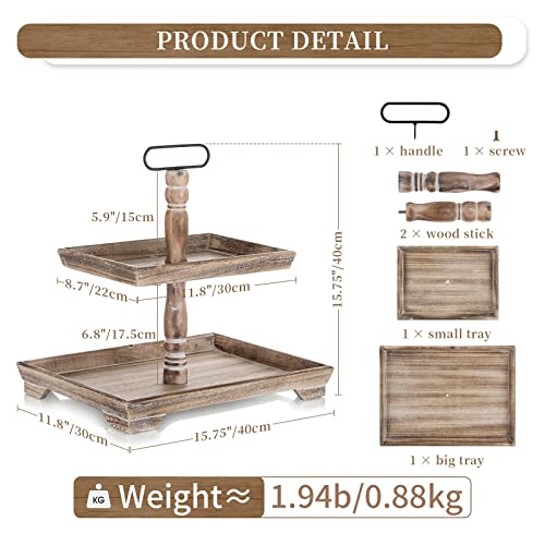 Hanobe Tiered Tray for Table Decor: 2 Tier Farmhouse Serving Stand Summer Decorative Tray for Coffee Bar Centerpiece Rectangle Wood Display Stands Kitchen Counter (Brown)