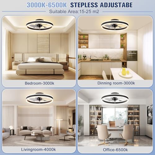 VOLISUN Fandelier Ceiling Fans with Lights and Remote, 15.7in Low Profile Ceiling Fan Flush Mount, 3000K-6500K Dimmable Bladeless LED Fan Light, Black Modern Ceiling Fans with Lights for Bedroom