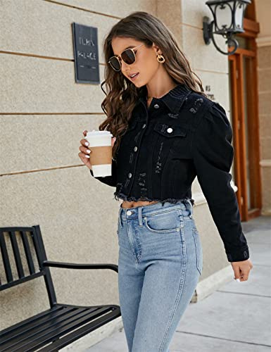 PAODIKUAI Women's Casual Puff Sleeve Button Front Slim Cropped Denim Jean Jacket (Black, X-Small)