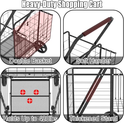XING LANG Folding Shopping Cart with 360° Rolling Swivel Wheels & Brakes - 4.3ft³ Foldable Grocery Cart with Double Basket & Liner, 420lbs Portable Heavy Duty Utility Carts for Laundry Luggage Travel