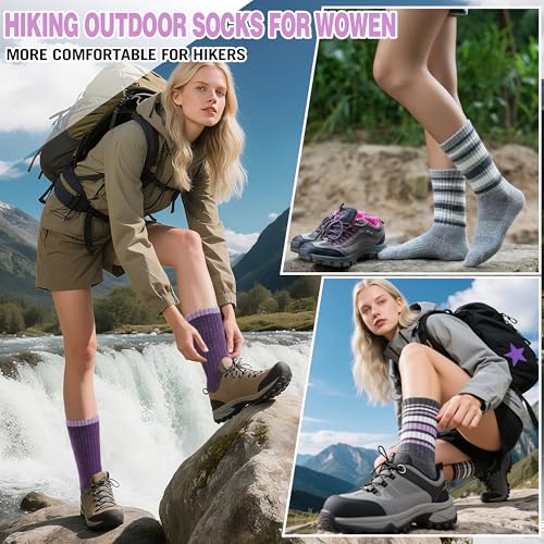 EBMORE Womens Merino Wool Hiking Socks Thermal Warm Winter Boot Crew Cushion Work Gift Socks 5 Pairs(Striped-A,M)