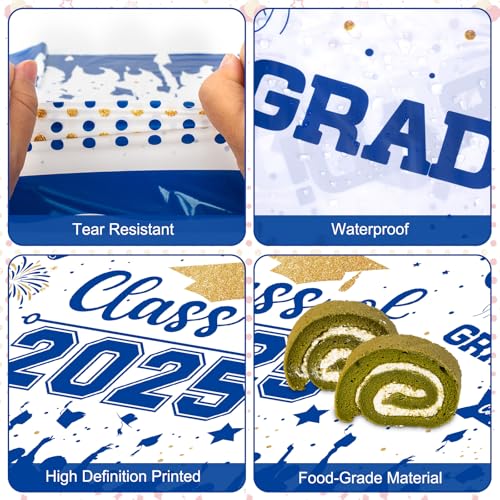 Graduation Decorations Class of 2025 Tablecloth - 3 Pcs Plastic Congrats Grad Table Cloth, Graduation Table Cover for Graduations Party Decorations 2025 and Party Supplies, 54"x108" (Blue and Gold)