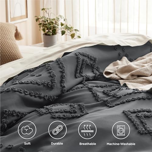 Bedsure Striped Tufted Duvet Cover Queen - Shabby Chic Duvet Cover, 3pcs All-Season Size Boho Bedding for All Seasons, Includes 1 Queen Duvet Cover & 2 Pillowcases (Navy, Queen, 90"x90")