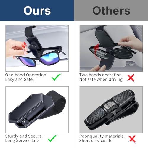Veharvim One-Handed-Operation Sunglasses Holder for Car, 2 Pack Visor Sunglass Holder Clip, Car Accessories Interior, Universal Fit Silicone Padded Visor Sunglass Holder Car, Unmatched Durability