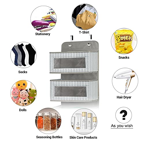 Over The Door Hanging Organizer with 5 Large Pockets - Wall Mount Pantry Storage with Clear PVC Window & 2 Big Metal Hooks for Closet,Bathroom,Nursery,Bedroom,Dorm,Baby Diapers,Kids Toys (Gray)