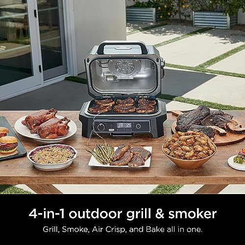 Ninja OG850 Woodfire Pro XL Outdoor Grill & Smoker with Built-In Thermometer, 4-in-1 Master Grill, BBQ Smoker, Outdoor Air Fryer, Bake, Portable, Electric, Dark Gray