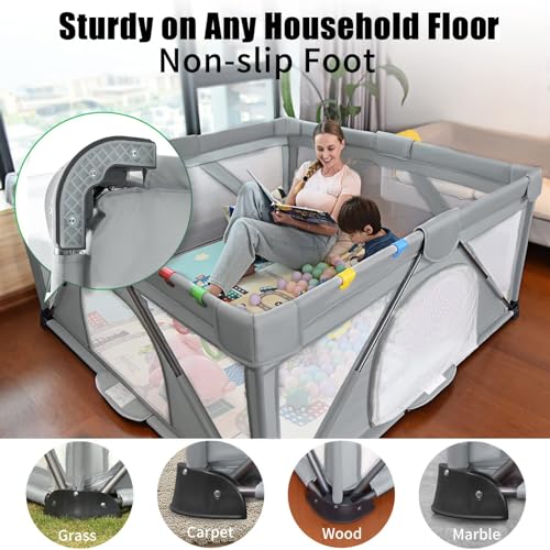 Baby Playpen Foldable, Heyo.Ja Large Play Yard, Playpen for Babies and Toddlers, Play Pens for Babies and Toddlers with Gate, Indoor & Outdoor Portable Play Pen (47x47in, Cold Grey)