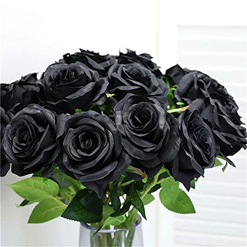 Hawesome 12PCS Artificial Silk Flowers Realistic Roses Bouquet Long Stem for Home Wedding Decoration Party (Black)