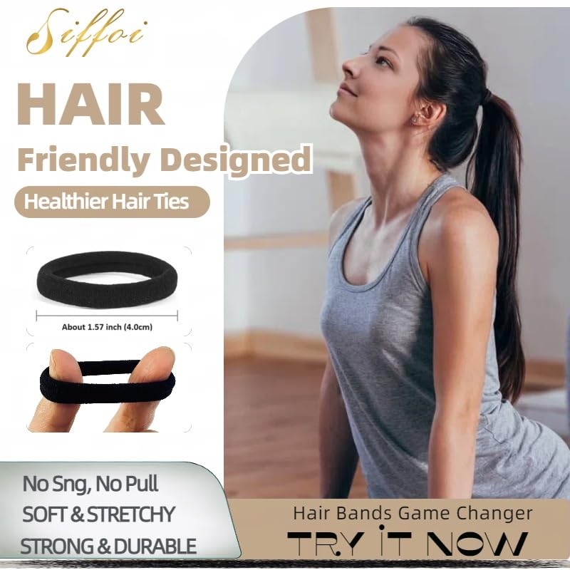 SIFFOI Soft Hair Ties, Black Cotton Seamless Hair Tie with Free Organizer Ring, Premium Hair Bands for Women, Men and Girls (100, BLACK)
