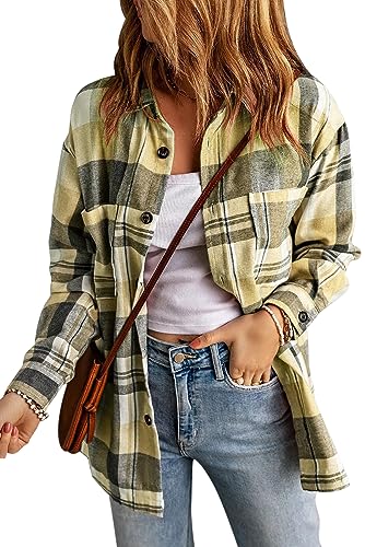 KINLONSAIR Womens Casual Flannel Plaid Shirts Oversized Lightweight Fall Shirt Coat Long Sleeve Button Down Blouse Tops Apricot