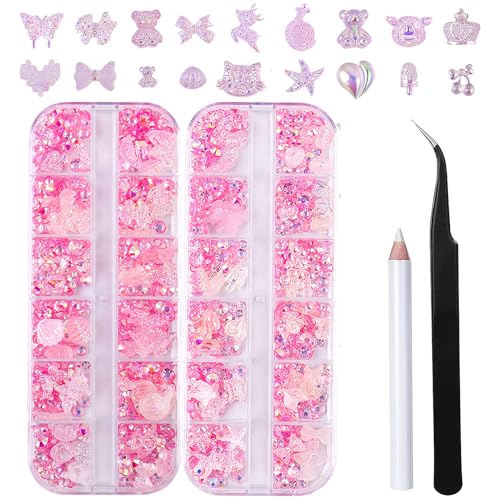 2 Boxes Variety Assorted White Nail Rhinestones Charms Acrylic White Heart Bow Animal Fruit Shapes 3D Cute Nail Charms for Manicure DIY Crafts Accessories