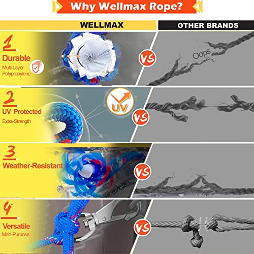 Wellmax Diamond Braided Nylon Rope with Uv Treatment and Weather Resistant, 2 Pack 1/4 Inch X 100ft, 3/16" X 25ft Multi-Color with 4 Bonus Quick Links