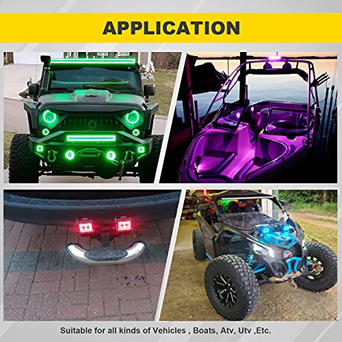 FEELON 4PCS 4" inch LED Pods Flood Work Light Bar with Multi-Color Chasing RGB Halo 16 Solid Colors Over 92 Flashing Modes Offroad Pods Lights LED Driving Lamp Fog Lights with Switch Wiring Harness