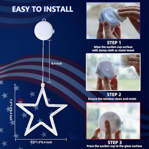 ZhenQiu 4th of July Window Lights 3 Pack Lighted Fourth of July Decorations with Suction Cups, Battery Operated Red White Blue Hanging Star Window Silhouette Lights for Independence Day Decor