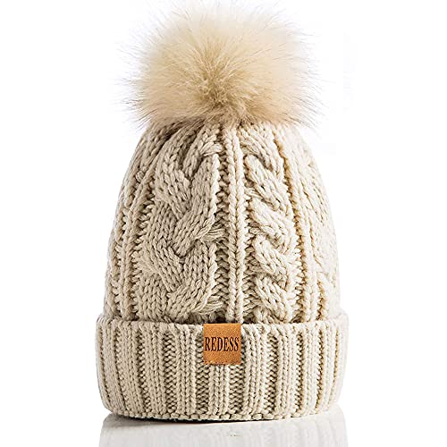 REDESS Women Winter Pompom Beanie Hat with Warm Fleece Lined, Thick Slouchy Snow Knit Skull Ski Cap