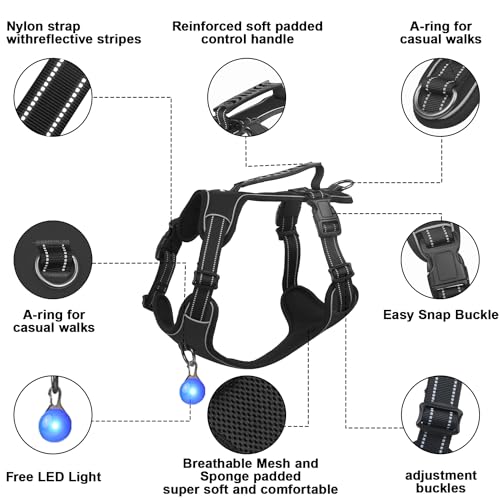 Perperqer Dog Harness Black No Pull Y Shaped for Medium Sized Dog, Small to Large Dogs Reflective Adjustable Easy Walk Puppy Harnesses,Heavy Duty Girl Boy Pet Vest 3 Buckle with Handle & Light,S