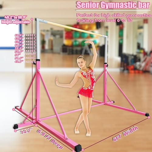 Seliyoo Gymnastics Bar -Gymnastic Kip Bar, Kids Ages 8-20, 6FT Width, 7.2FT Base,Adjustable 49.2" - 68.9" Height,Super Stable Triangle Structure, Home Gym Equipment Center,550 LBS
